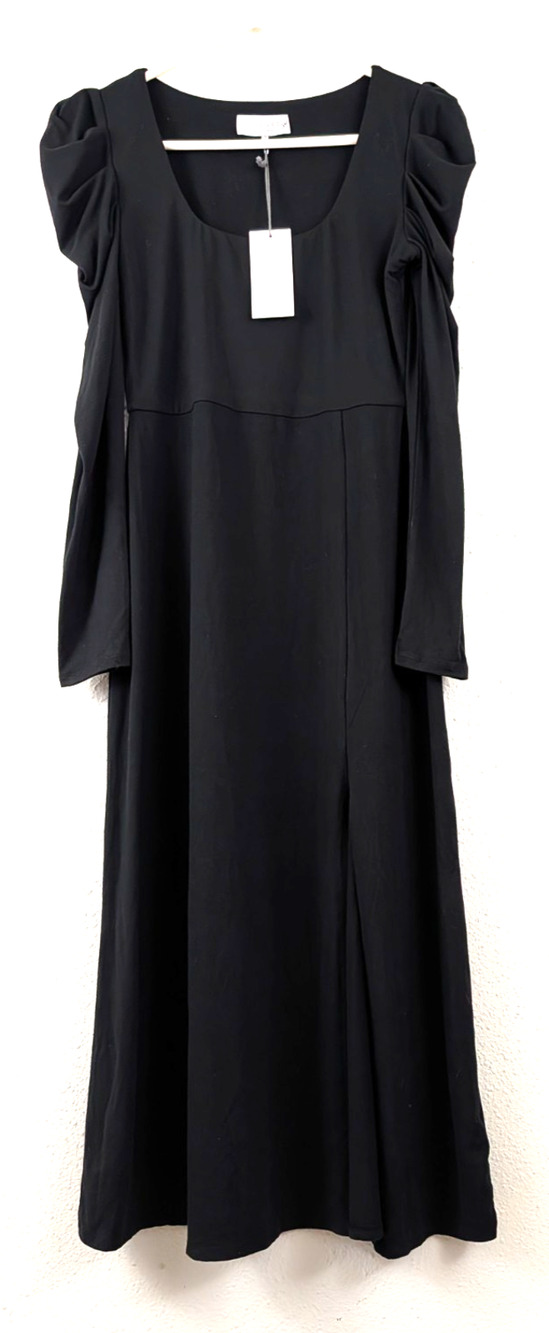 WAYF sz S Midi Dress black knit stretchy long puff sleeves long side slit 2359